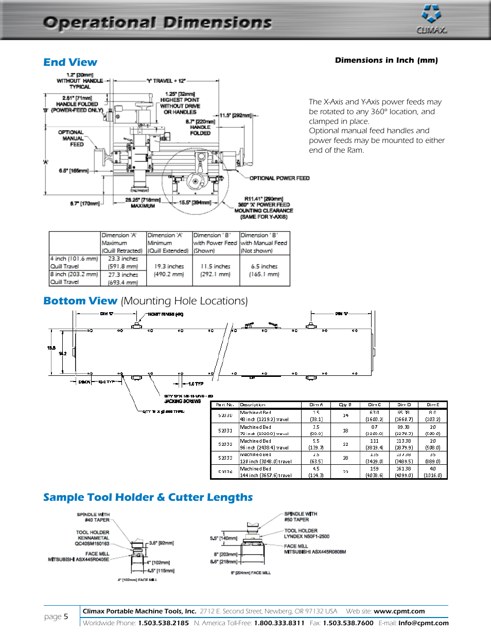 Operational dimensions | Climax LM6000 OBS LINEAR/GANTRY MILL User Manual | Page 5 / 10