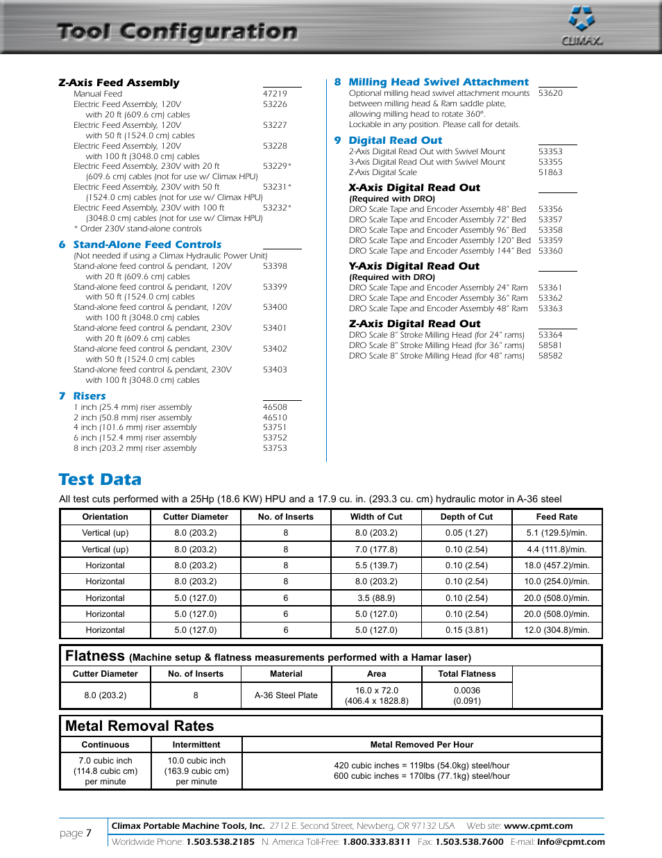 Tool configuration, Test data, Flatness | Metal removal rates | Climax LM6000 OBS LINEAR/GANTRY MILL User Manual | Page 7 / 10