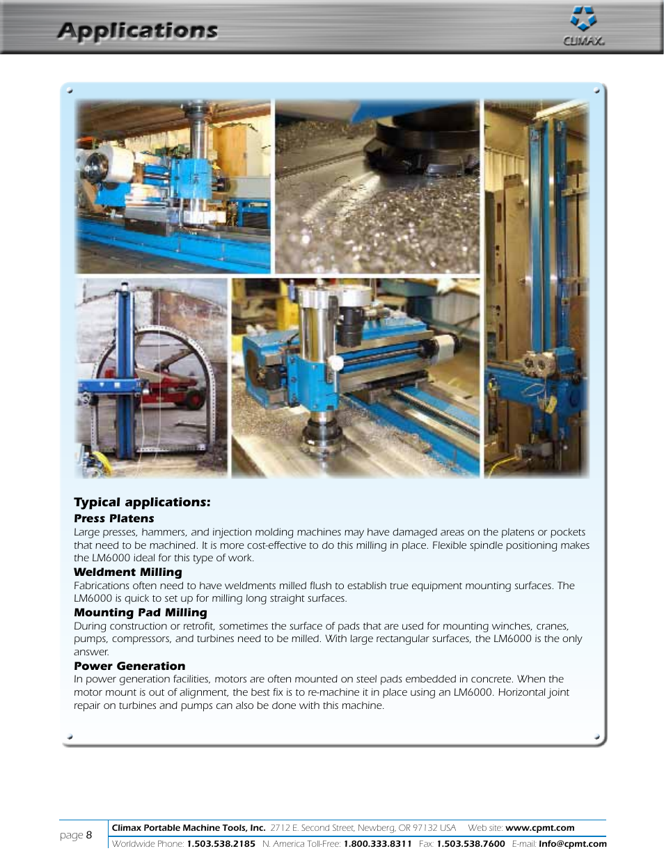 Applications | Climax LM6000 OBS LINEAR/GANTRY MILL User Manual | Page 8 / 10