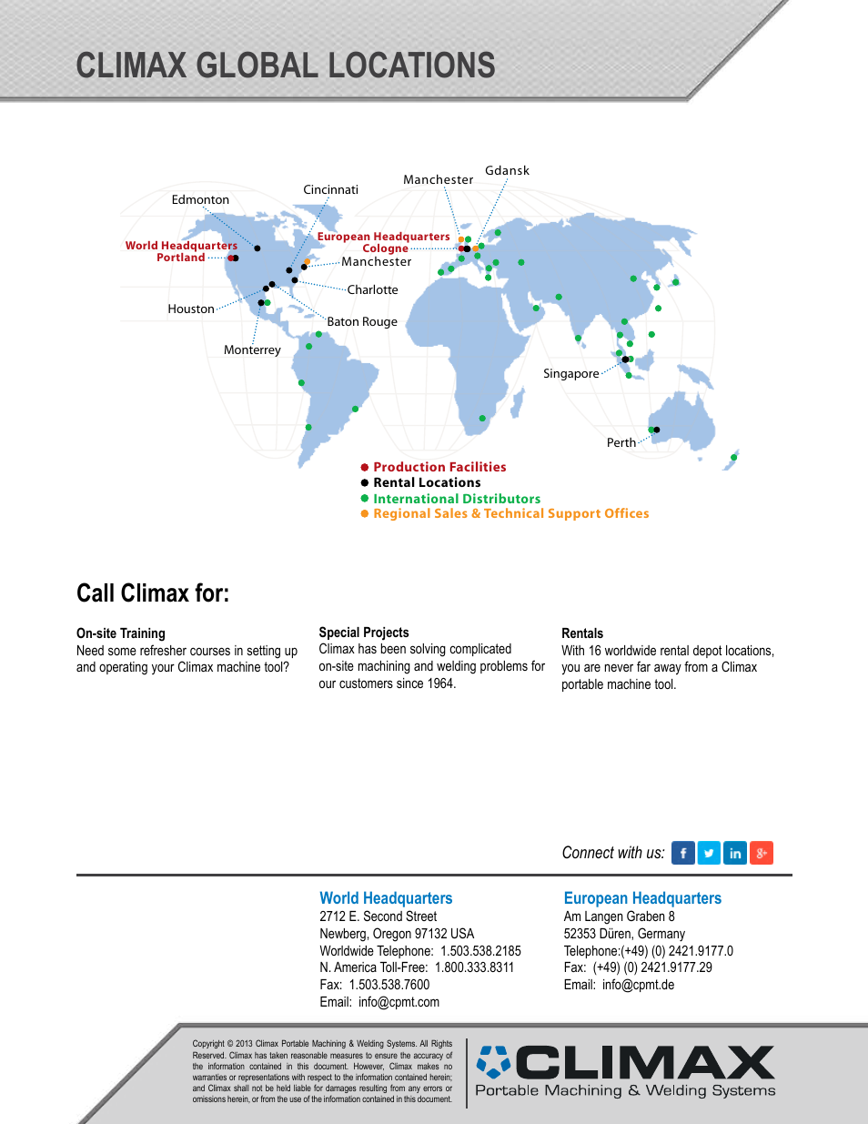 Climax global locations, Call climax for | Climax LM5200 LINEAR/GANTRY MILL User Manual | Page 12 / 12