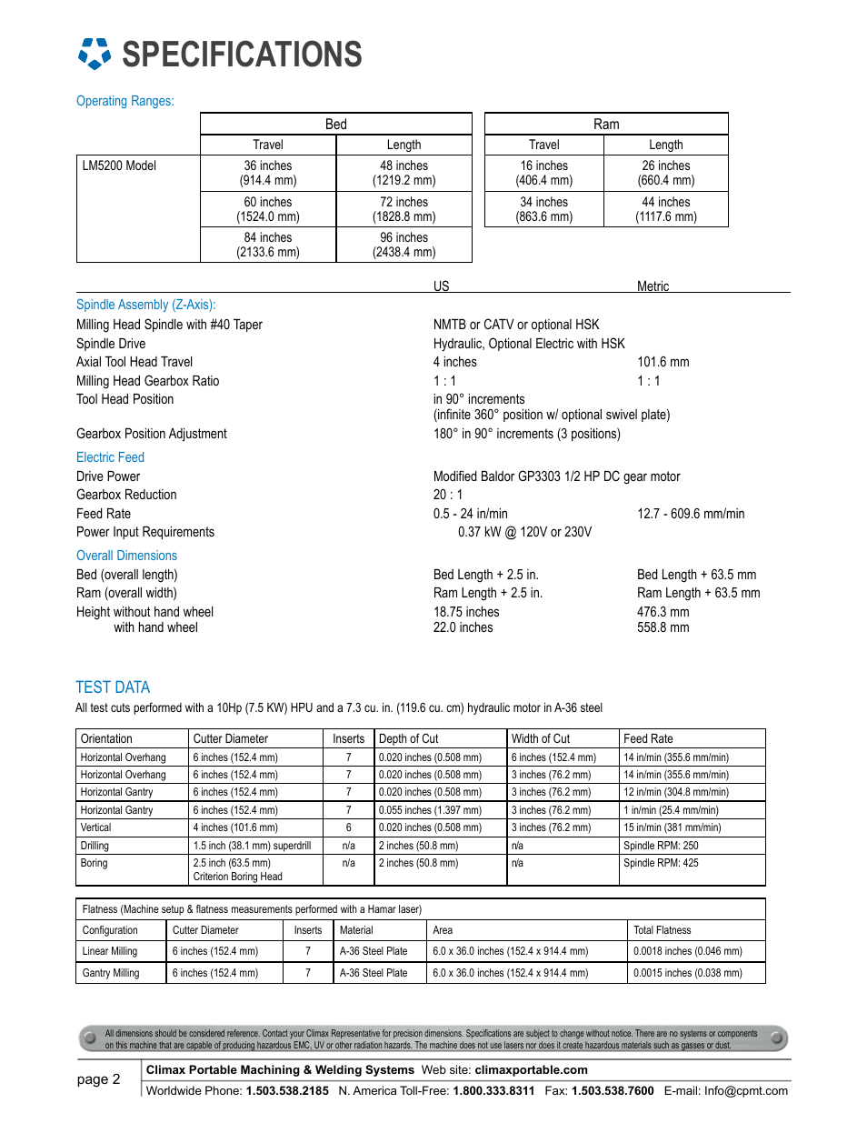Specifications, Test data | Climax LM5200 LINEAR/GANTRY MILL User Manual | Page 2 / 12