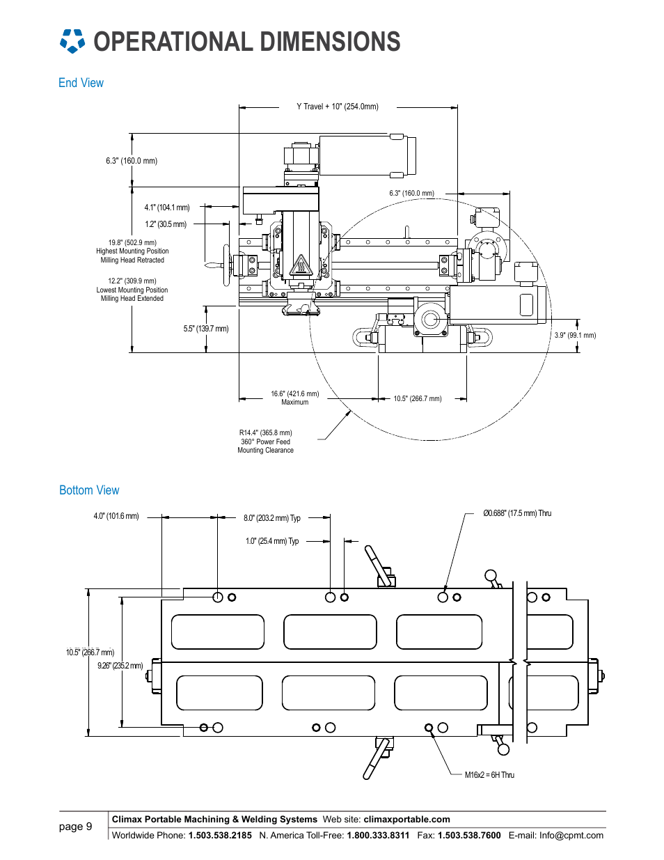 Operational dimensions, End view bottom view | Climax LM5200 LINEAR/GANTRY MILL User Manual | Page 9 / 12