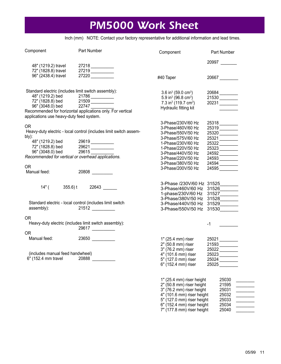 Pm5000 work sheet | Climax LM5000 OBS Portable MILL User Manual | Page 11 / 16