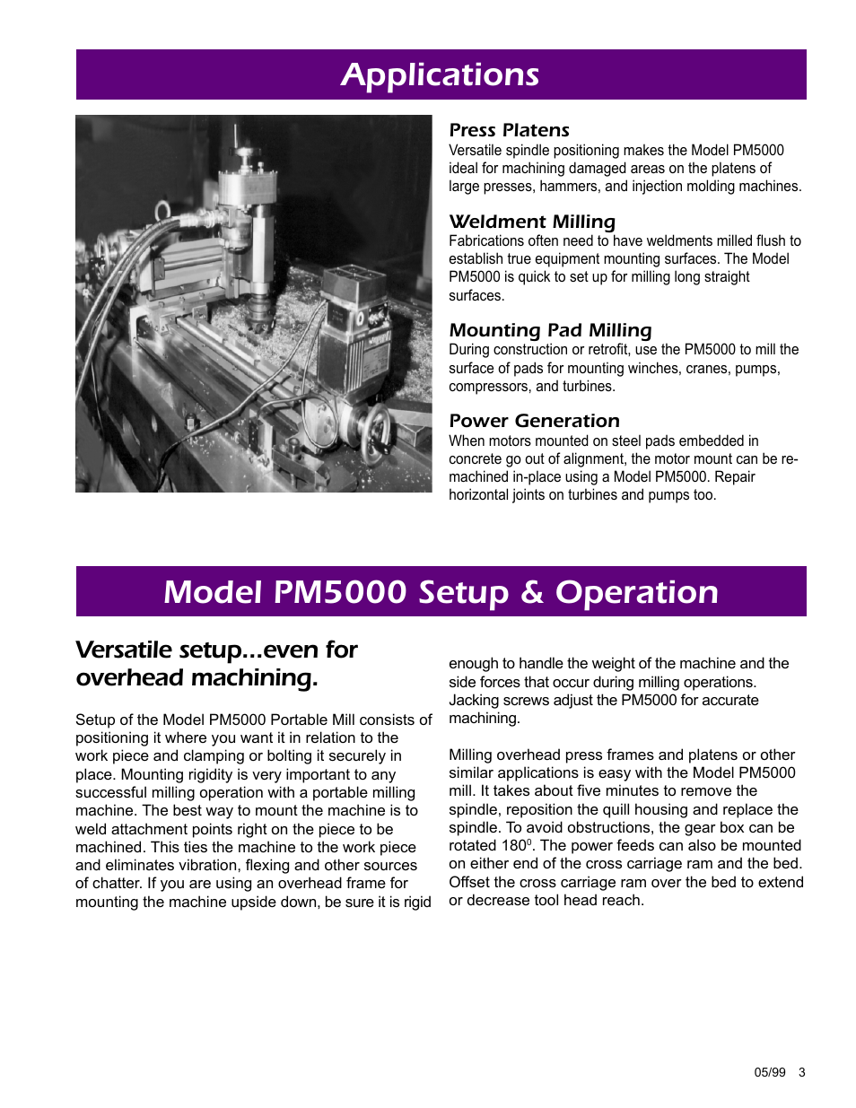 Applications model pm5000 setup & operation, Versatile setup...even for overhead machining | Climax LM5000 OBS Portable MILL User Manual | Page 3 / 16