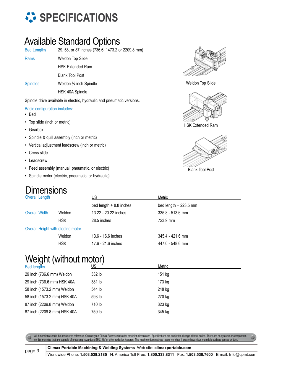 Specifications, Weight (without motor), Dimensions | Available standard options | Climax PM4200 MILLING MACHINE User Manual | Page 3 / 8