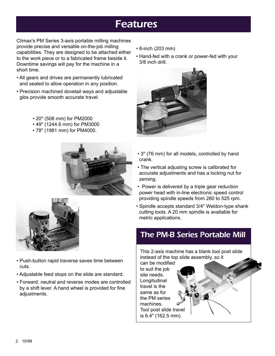Features, The pm-b series portable mill | Climax PM3000 OBS Three Axis Mills User Manual | Page 2 / 8