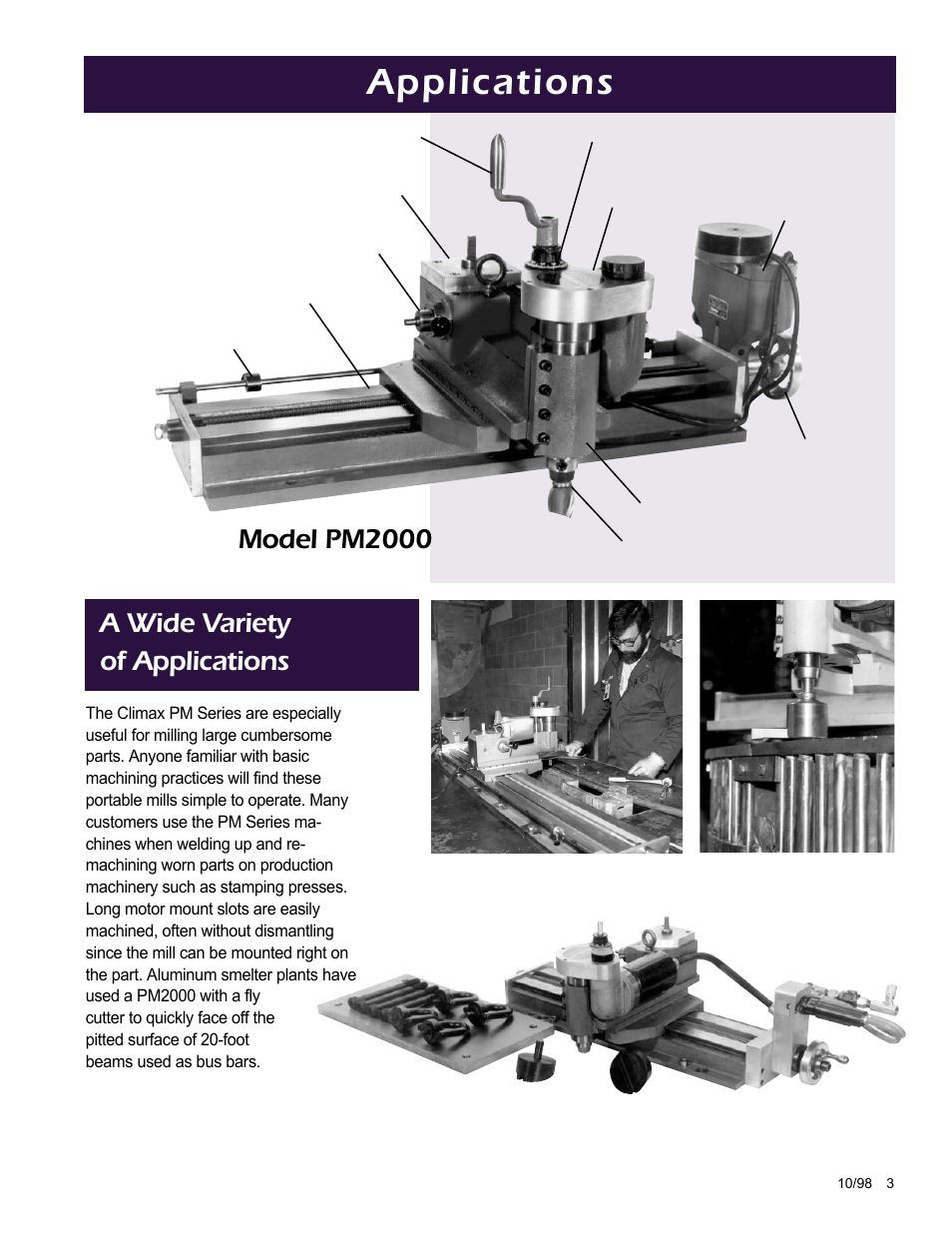 Applications, A wide variety of applications, Model pm2000 | Climax PM3000 OBS Three Axis Mills User Manual | Page 3 / 8