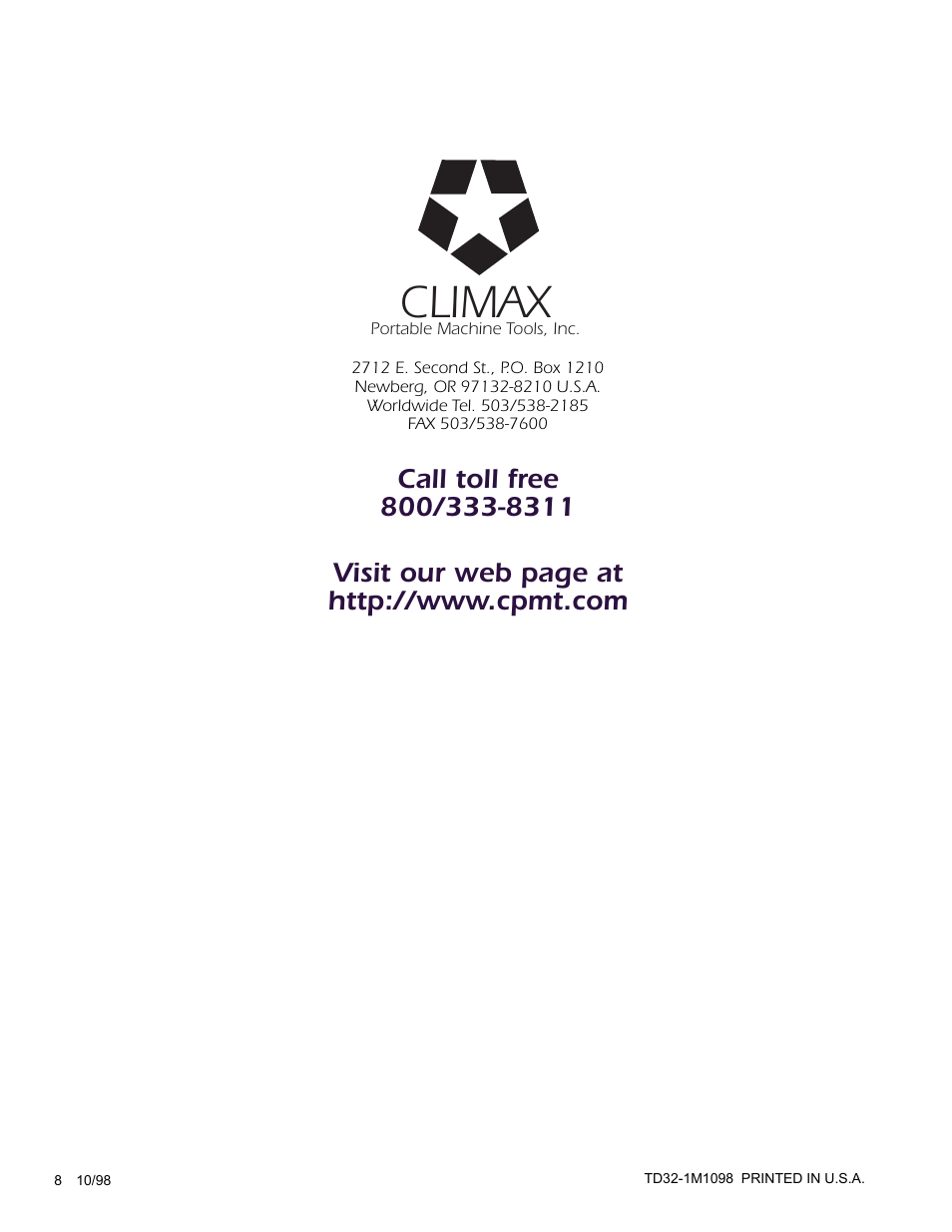Climax | Climax PM3000 OBS Three Axis Mills User Manual | Page 8 / 8