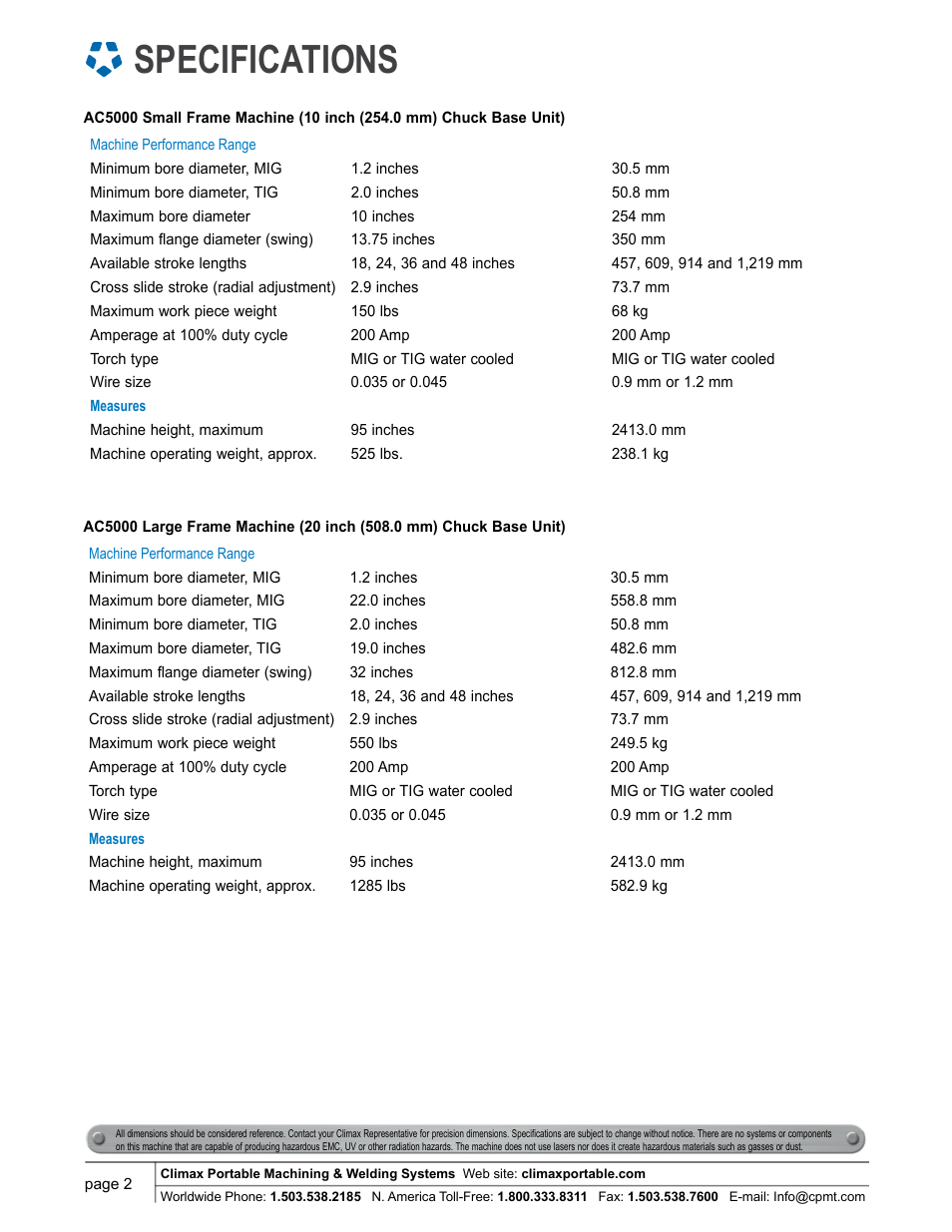 Specifications | Climax AC5000 AUTOCLAD COMPLETE MACHINE User Manual | Page 2 / 8