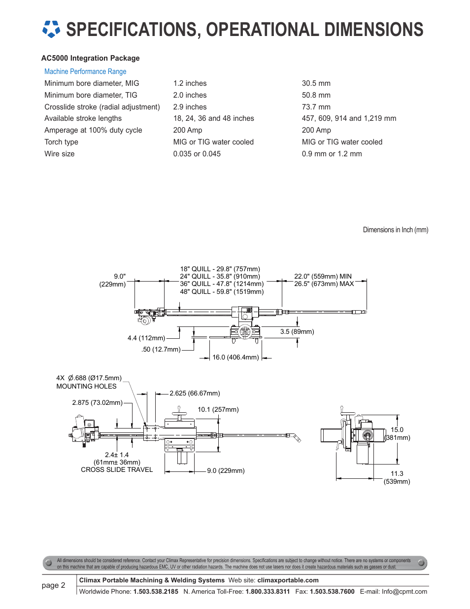 Specifications, operational dimensions | Climax AC5000 AUTOCLAD INTEGRATION PACKAGE User Manual | Page 2 / 6