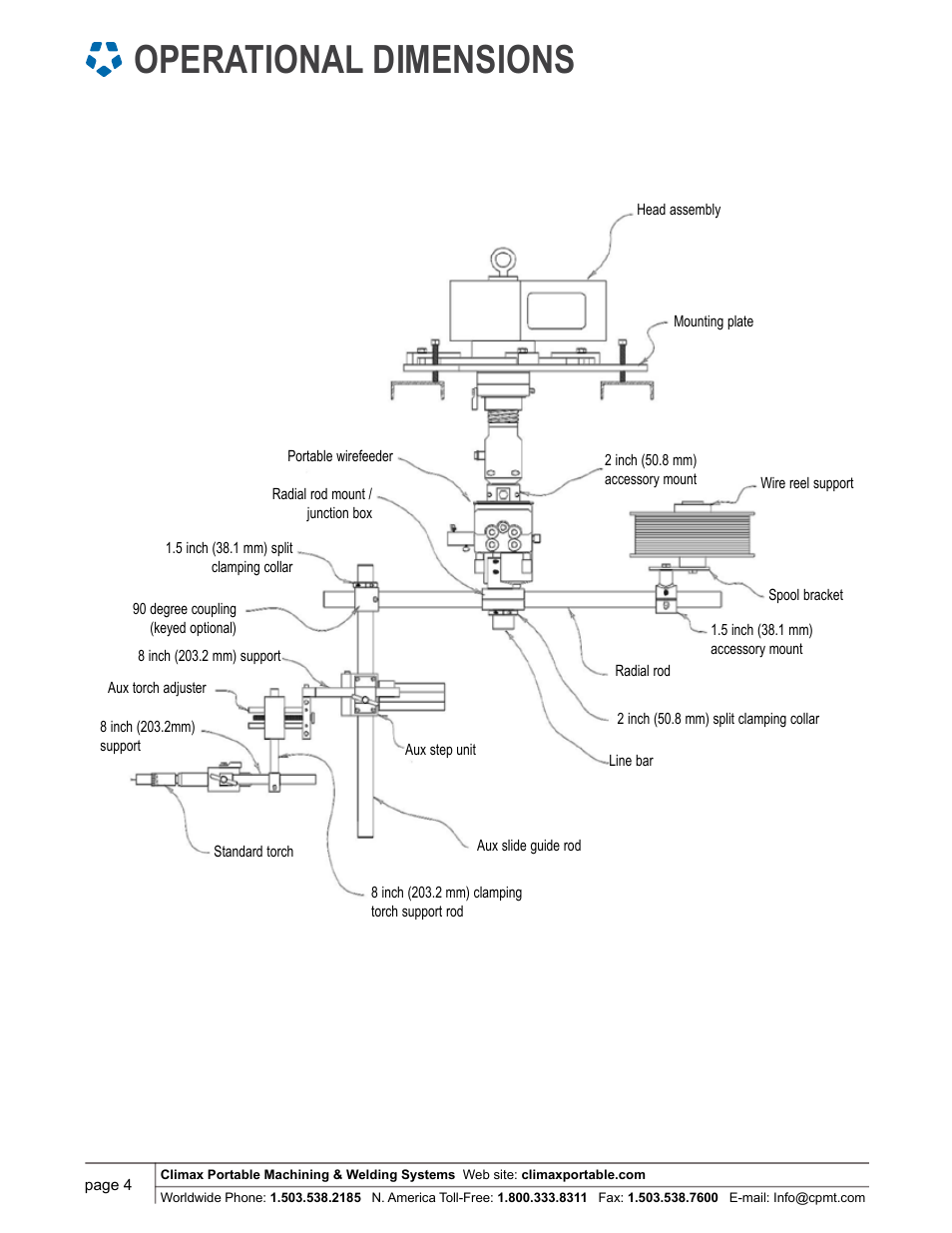 Operational dimensions | Climax BW5000 AUTOBOREWELDER – PORTABLE BORE WELDING MACHINE User Manual | Page 4 / 6