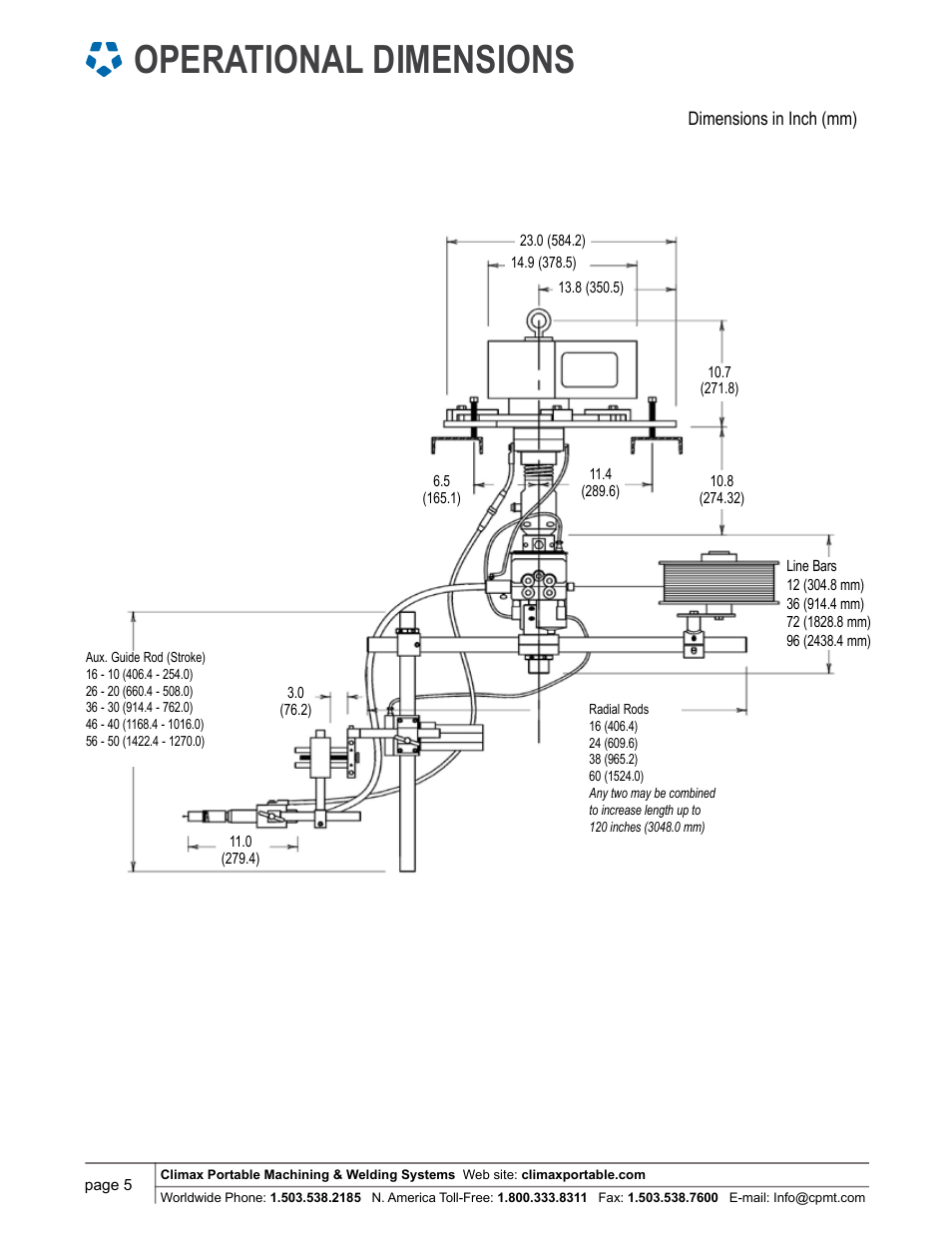 Operational dimensions | Climax BW5000 AUTOBOREWELDER – PORTABLE BORE WELDING MACHINE User Manual | Page 5 / 6