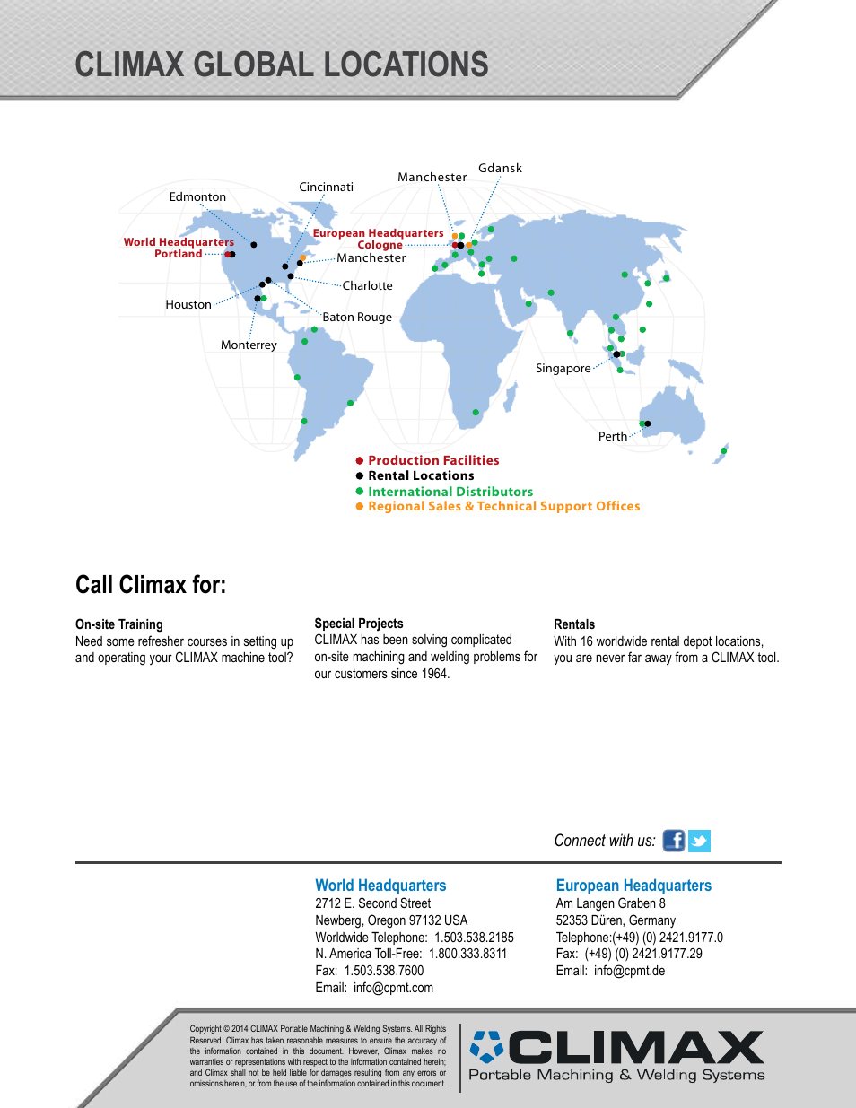 Climax global locations, Call climax for | Climax BW5000 AUTOBOREWELDER – PORTABLE BORE WELDING MACHINE User Manual | Page 6 / 6