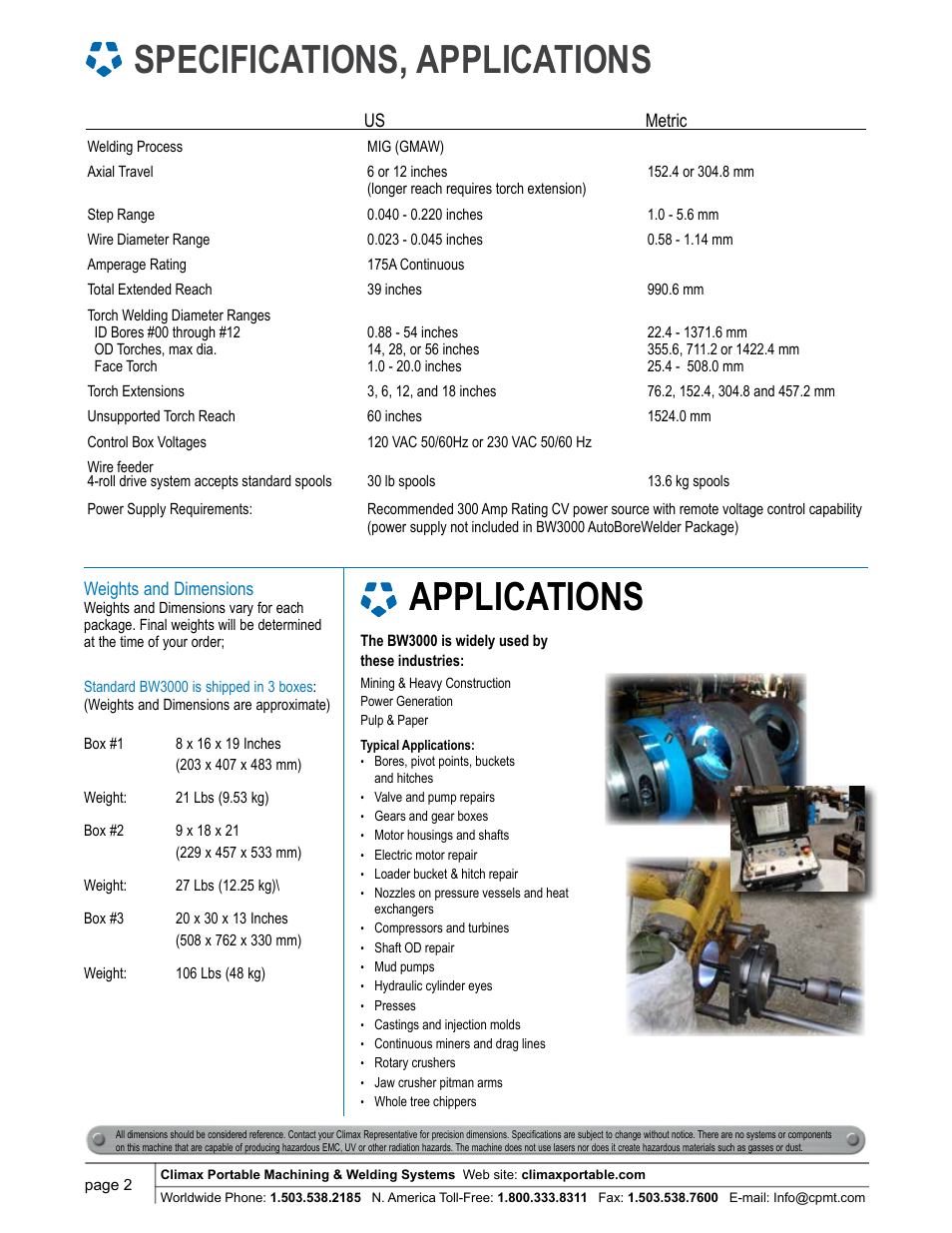 Specifications, applications, Applications | Climax BW3000 AUTOBOREWELDER – PORTABLE BORE WELDING MACHINE User Manual | Page 2 / 6