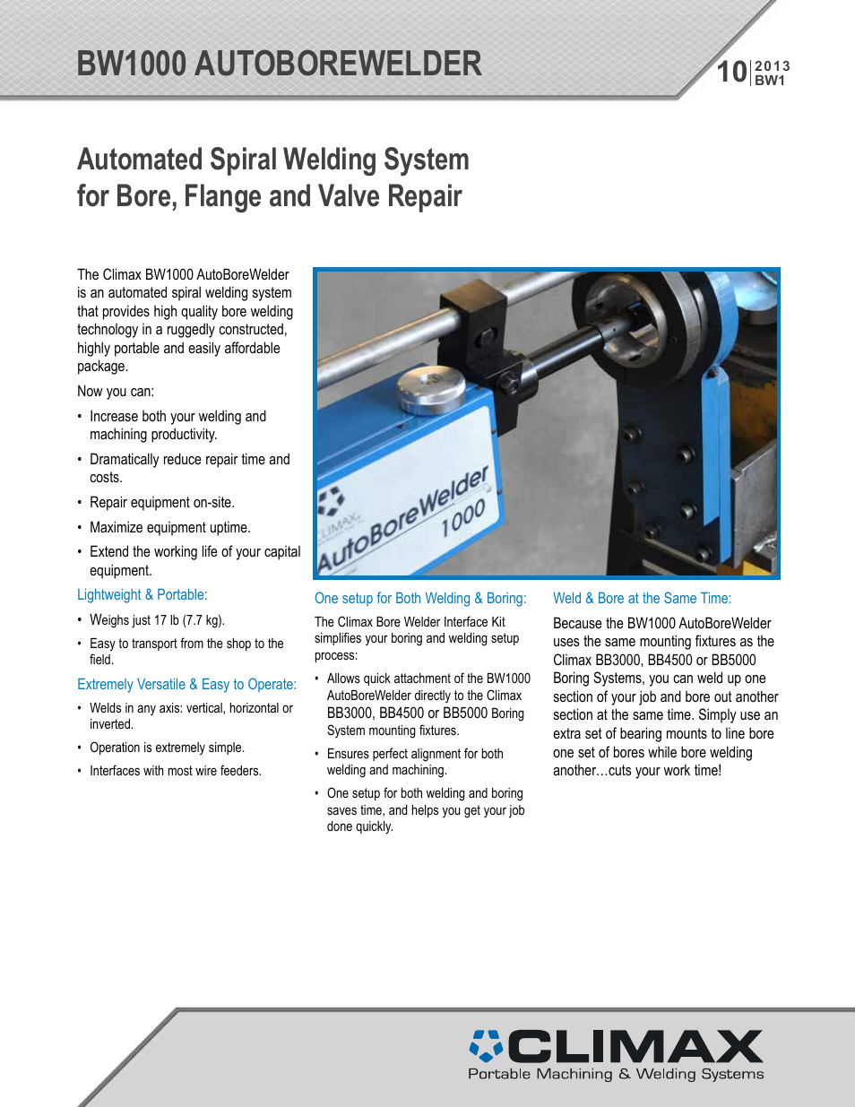Climax BW1000 AUTOBOREWELDER – PORTABLE BORE WELDING MACHINE User Manual | 4 pages