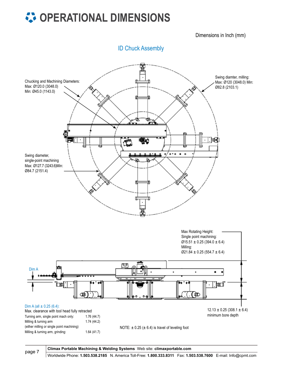 Operational dimensions, Id chuck assembly | Climax FF8200 FLANGE FACER User Manual | Page 7 / 10