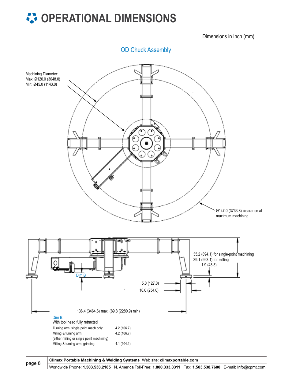 Operational dimensions, Od chuck assembly | Climax FF8200 FLANGE FACER User Manual | Page 8 / 10
