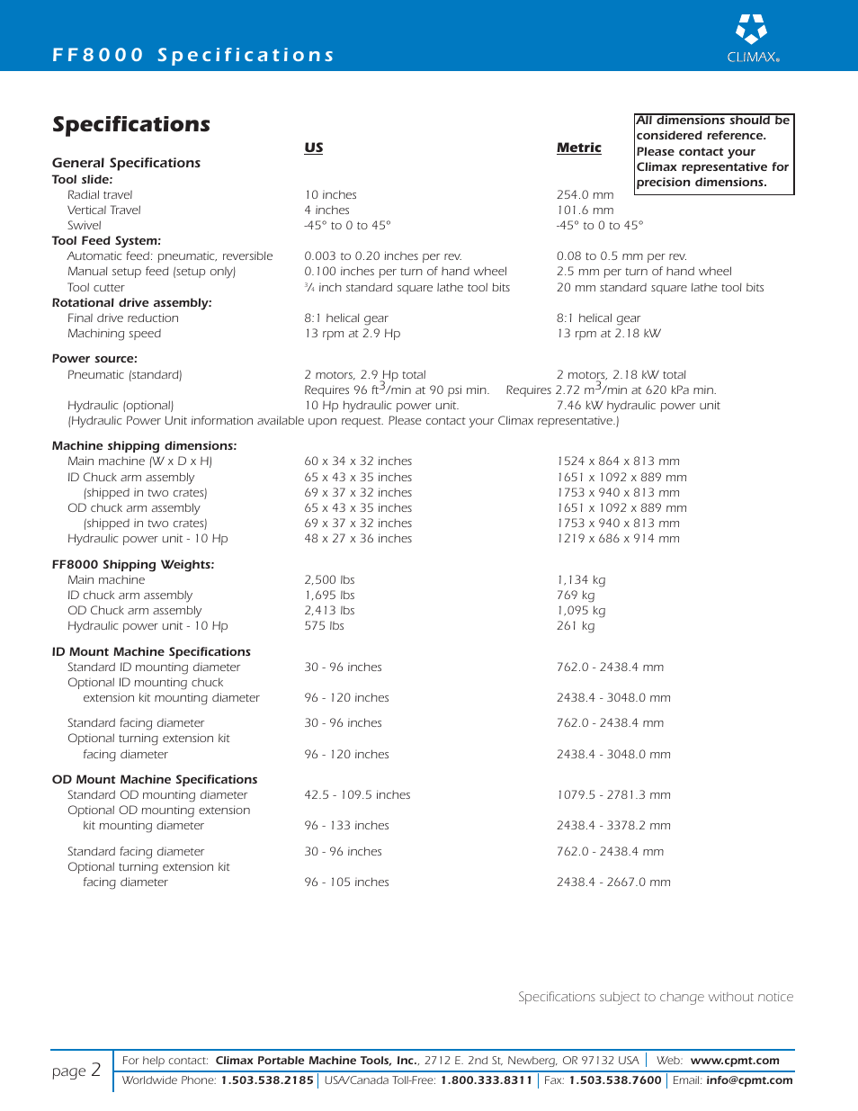 Specifications | Climax FF8000 PORTABLE FLANGE FACER User Manual | Page 2 / 8