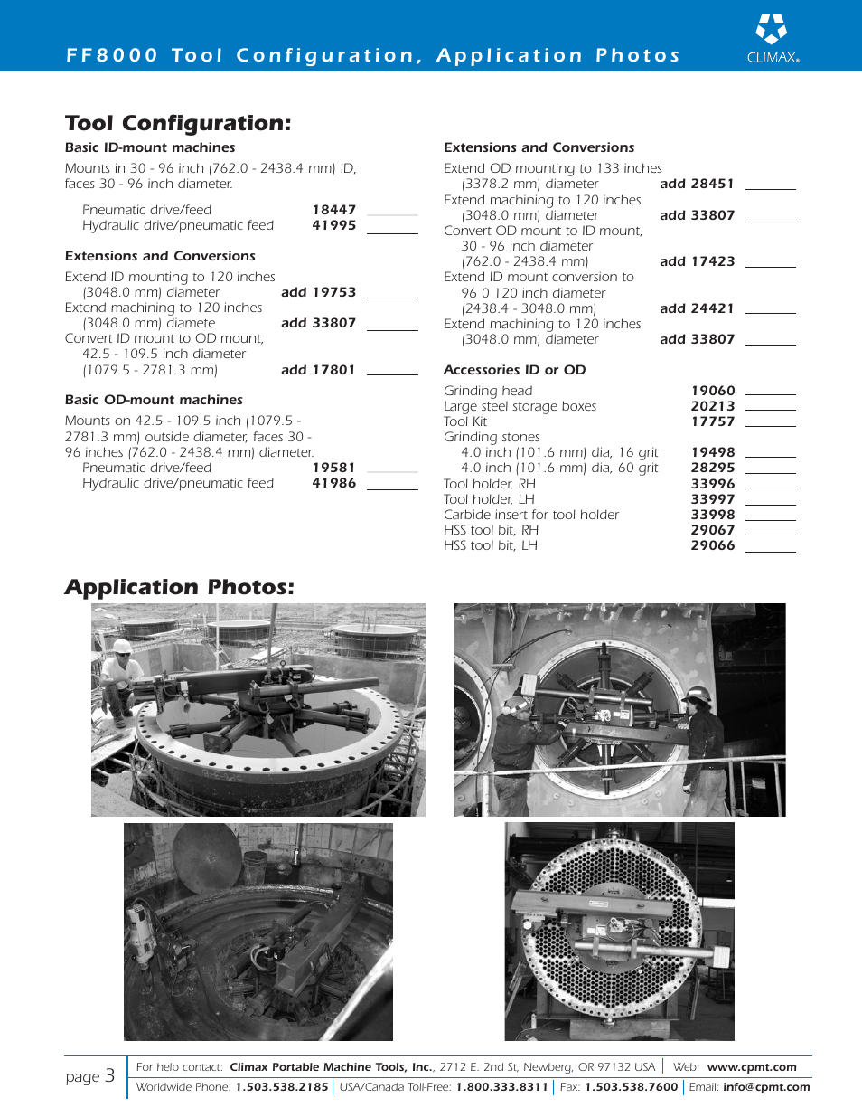 Tool configuration: application photos | Climax FF8000 PORTABLE FLANGE FACER User Manual | Page 3 / 8