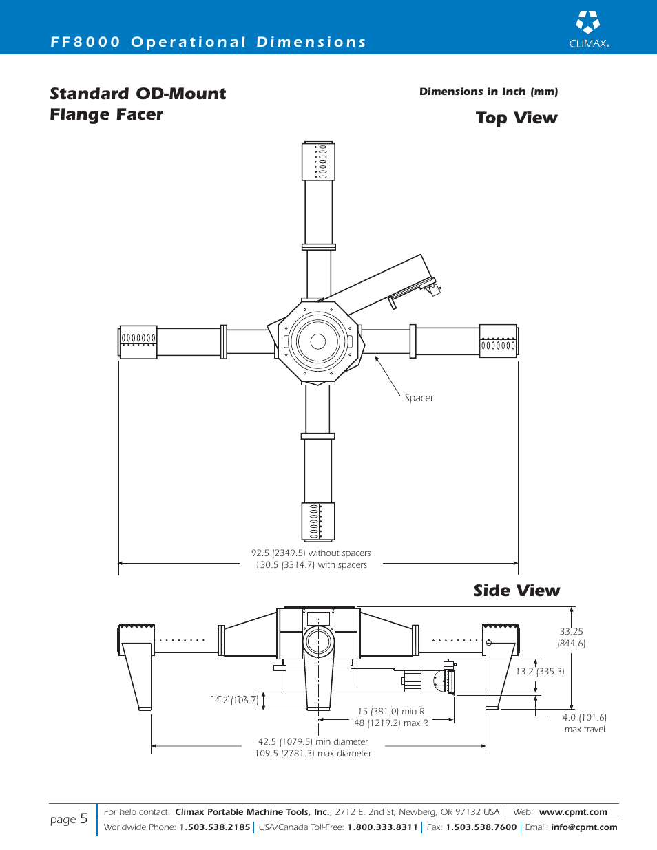 Standard od-mount flange facer, Top view side view | Climax FF8000 PORTABLE FLANGE FACER User Manual | Page 5 / 8