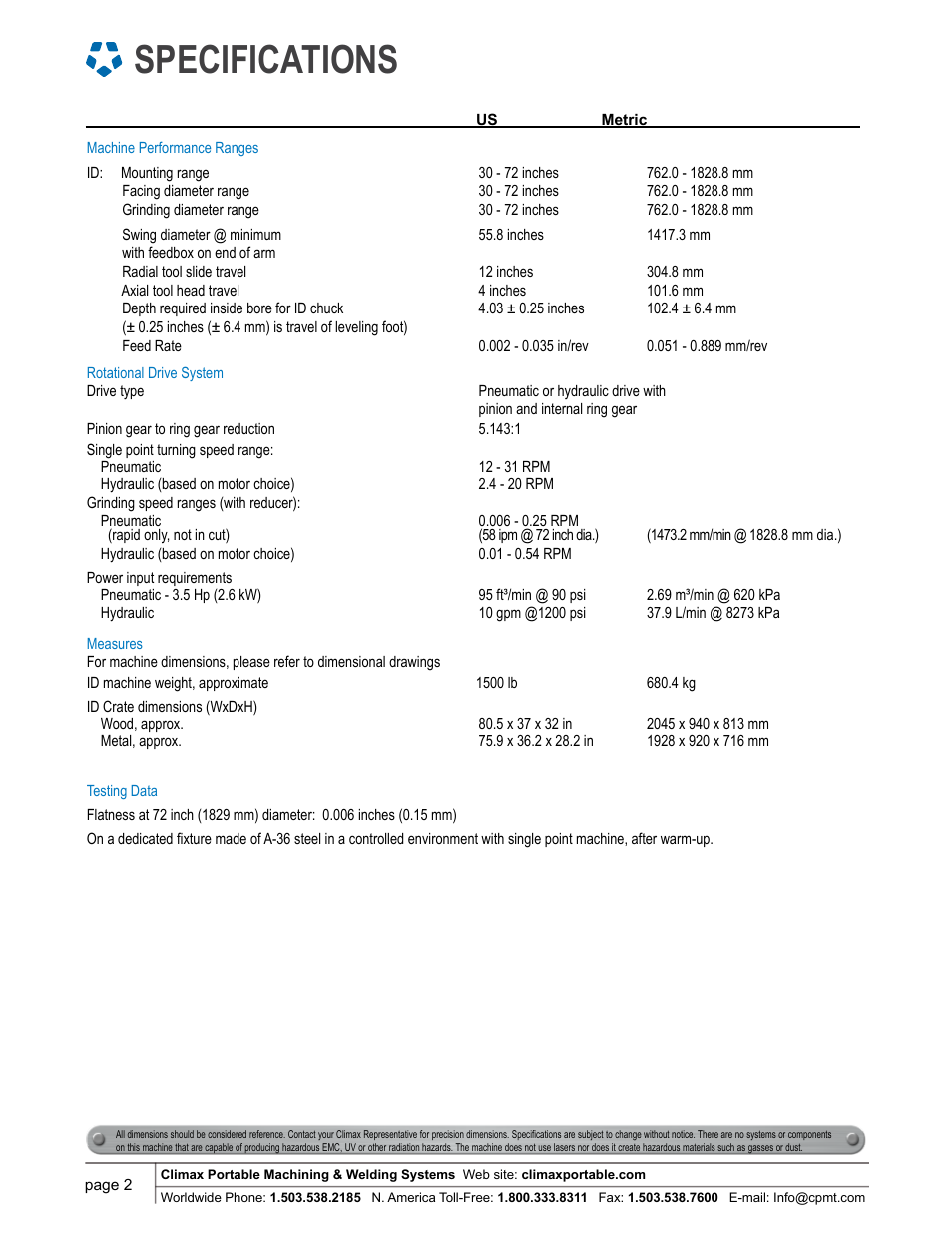 Specifications | Climax FF7200 FLANGE FACER User Manual | Page 2 / 9