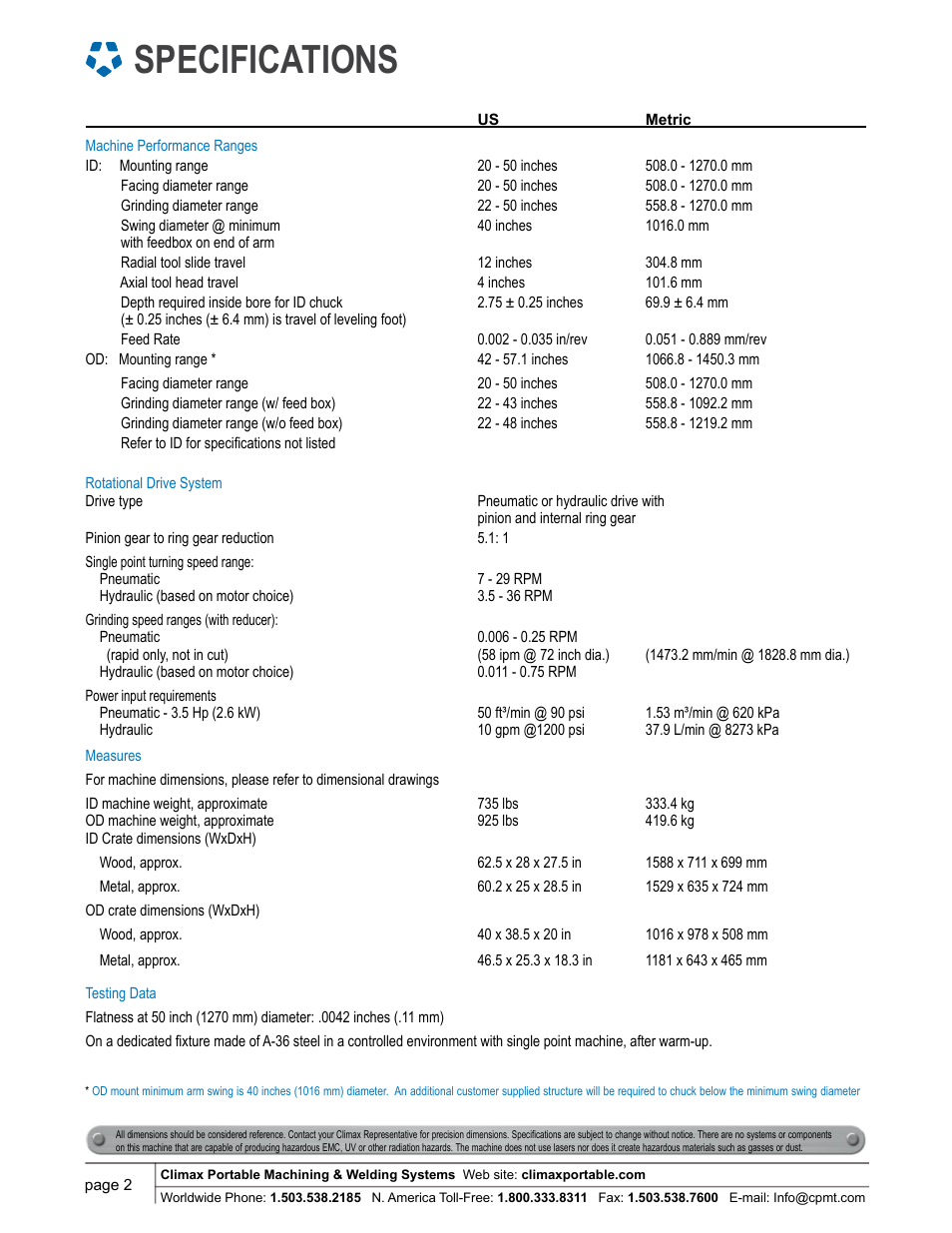 Specifications | Climax FF6200 FLANGE FACER User Manual | Page 2 / 8
