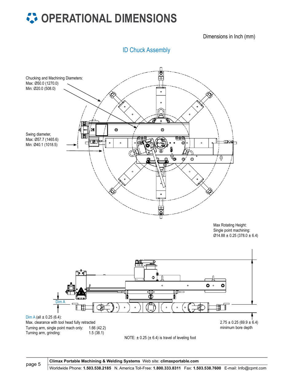 Operational dimensions, Id chuck assembly | Climax FF6200 FLANGE FACER User Manual | Page 5 / 8