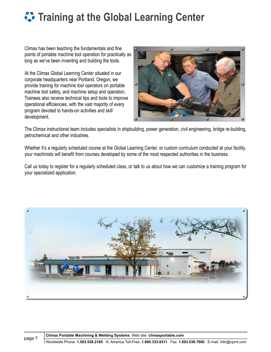 Training at the global learning center | Climax FF6200 FLANGE FACER User Manual | Page 7 / 8