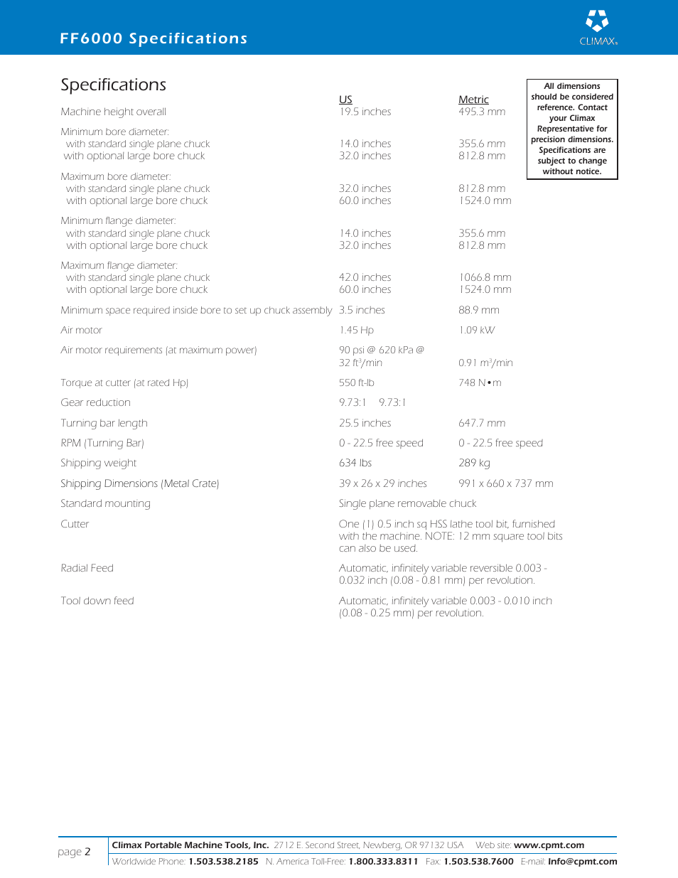 Specifications, Ff6000 specifications | Climax FF6000 PORTABLE FLANGE FACER User Manual | Page 2 / 8