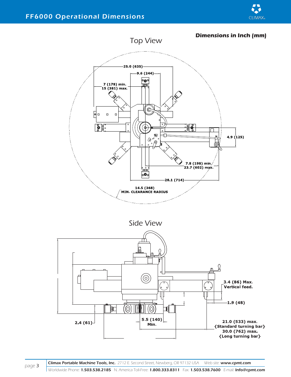 Top view, Side view, Ff6000 operational dimensions | Climax FF6000 PORTABLE FLANGE FACER User Manual | Page 3 / 8