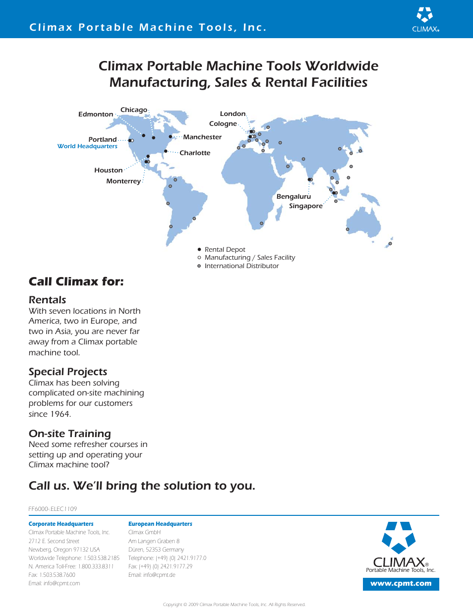 Call climax for, Call us. we’ll bring the solution to you, Rentals | Special projects, On-site training | Climax FF6000 PORTABLE FLANGE FACER User Manual | Page 8 / 8