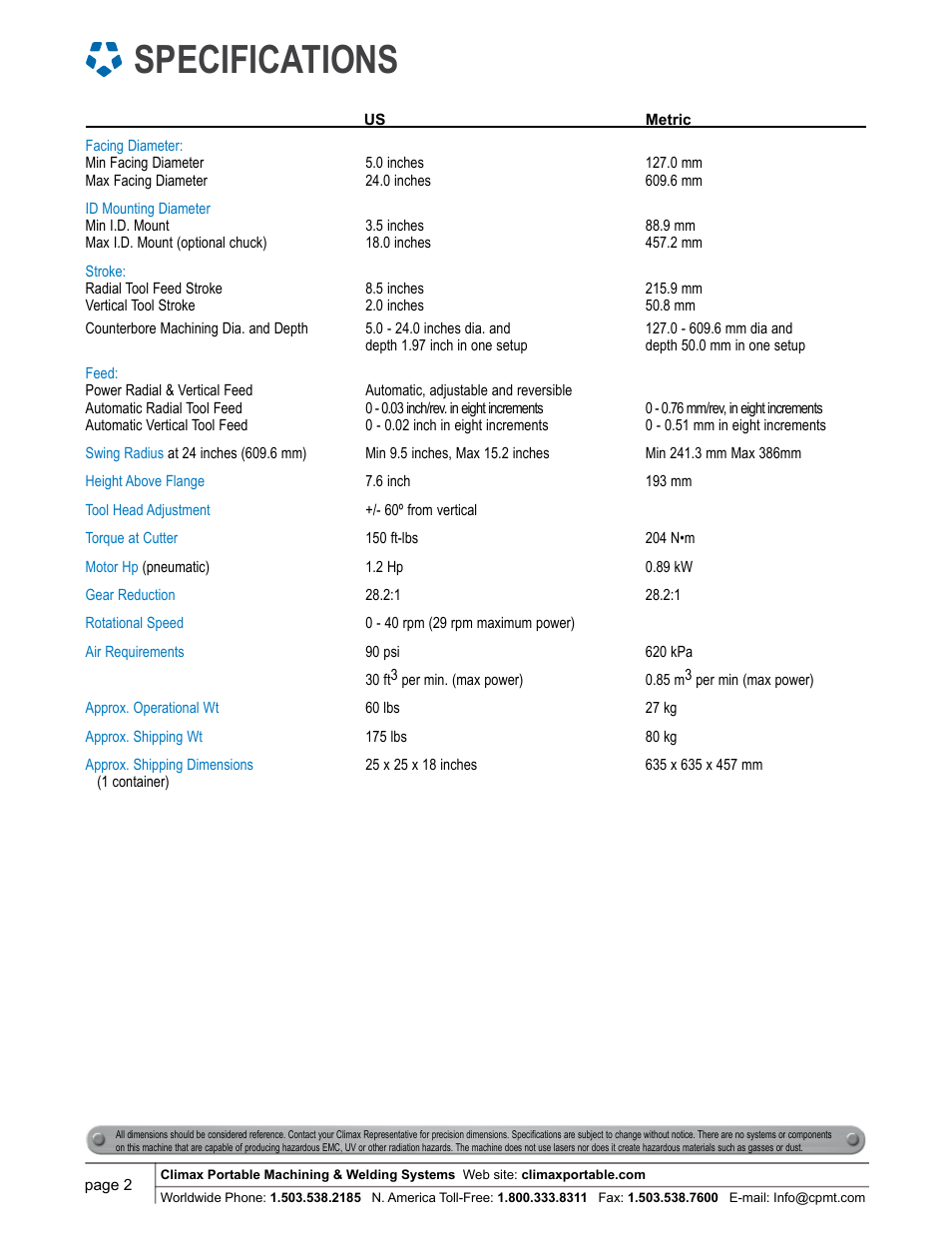 Specifications | Climax FF5000 FLANGE FACER User Manual | Page 2 / 8