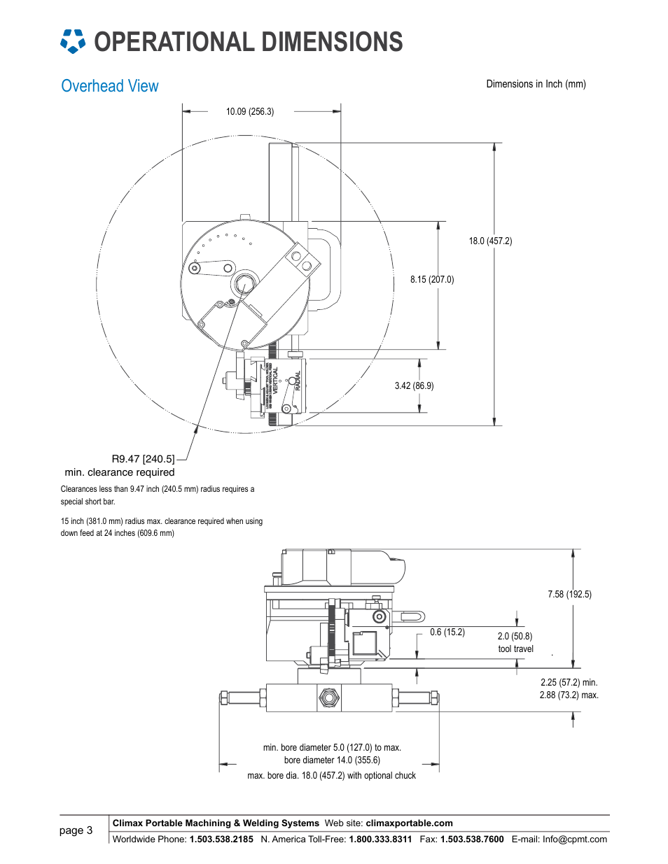 Operational dimensions, Overhead view | Climax FF5000 FLANGE FACER User Manual | Page 3 / 8