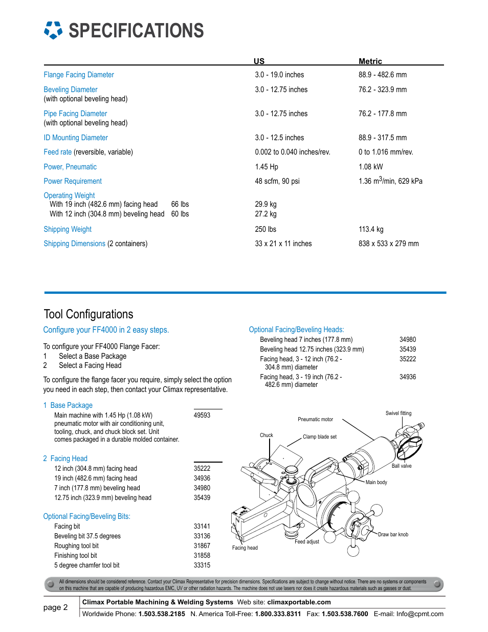 Specifications, Tool configurations | Climax FF4000 FLANGE FACER User Manual | Page 2 / 6