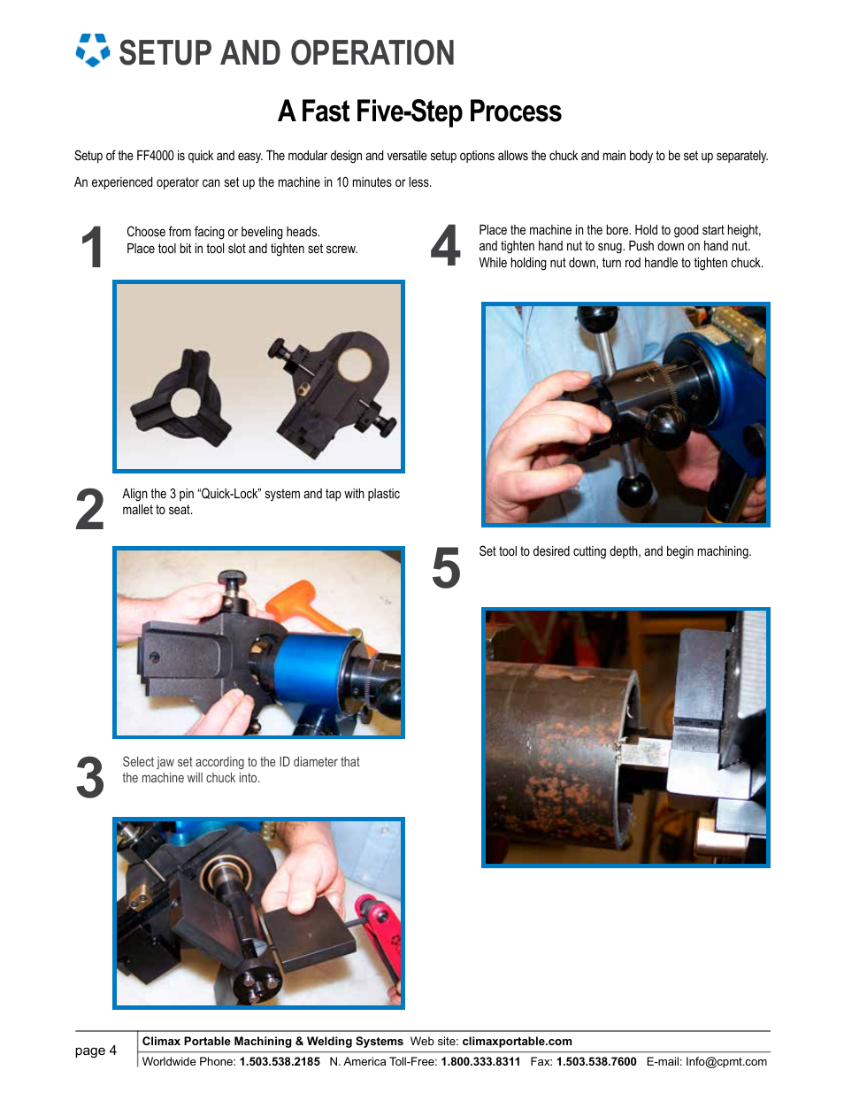 Setup and operation, A fast five-step process | Climax FF4000 FLANGE FACER User Manual | Page 4 / 6