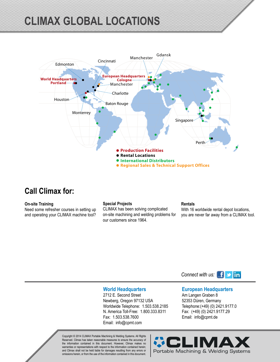 Climax global locations, Call climax for | Climax FF4000 FLANGE FACER User Manual | Page 6 / 6