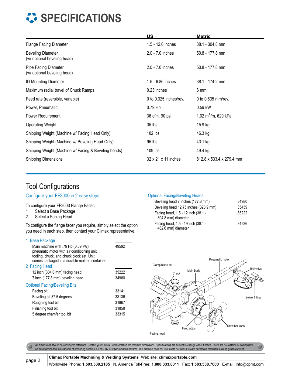 Specifications, Tool configurations | Climax FF3000 FLANGE FACER User Manual | Page 2 / 6