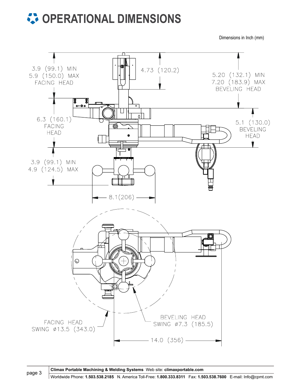 Operational dimensions | Climax FF3000 FLANGE FACER User Manual | Page 3 / 6