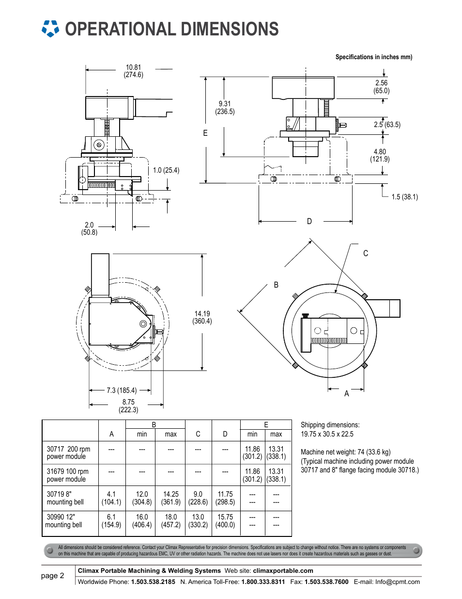 Operational dimensions | Climax FF1000 FLANGE FACER User Manual | Page 2 / 4