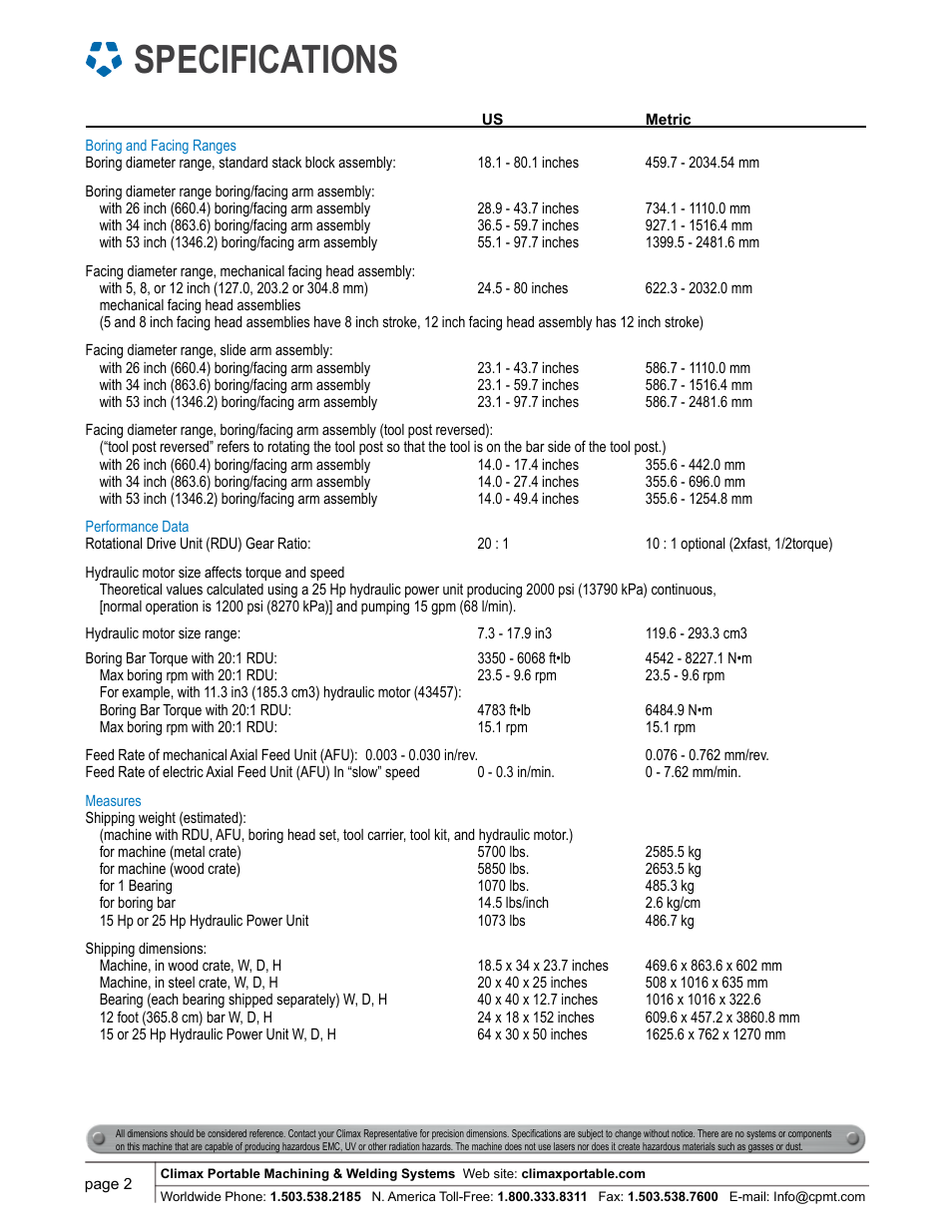 Specifications | Climax BB8100 LINE BORING MACHINE User Manual | Page 2 / 8