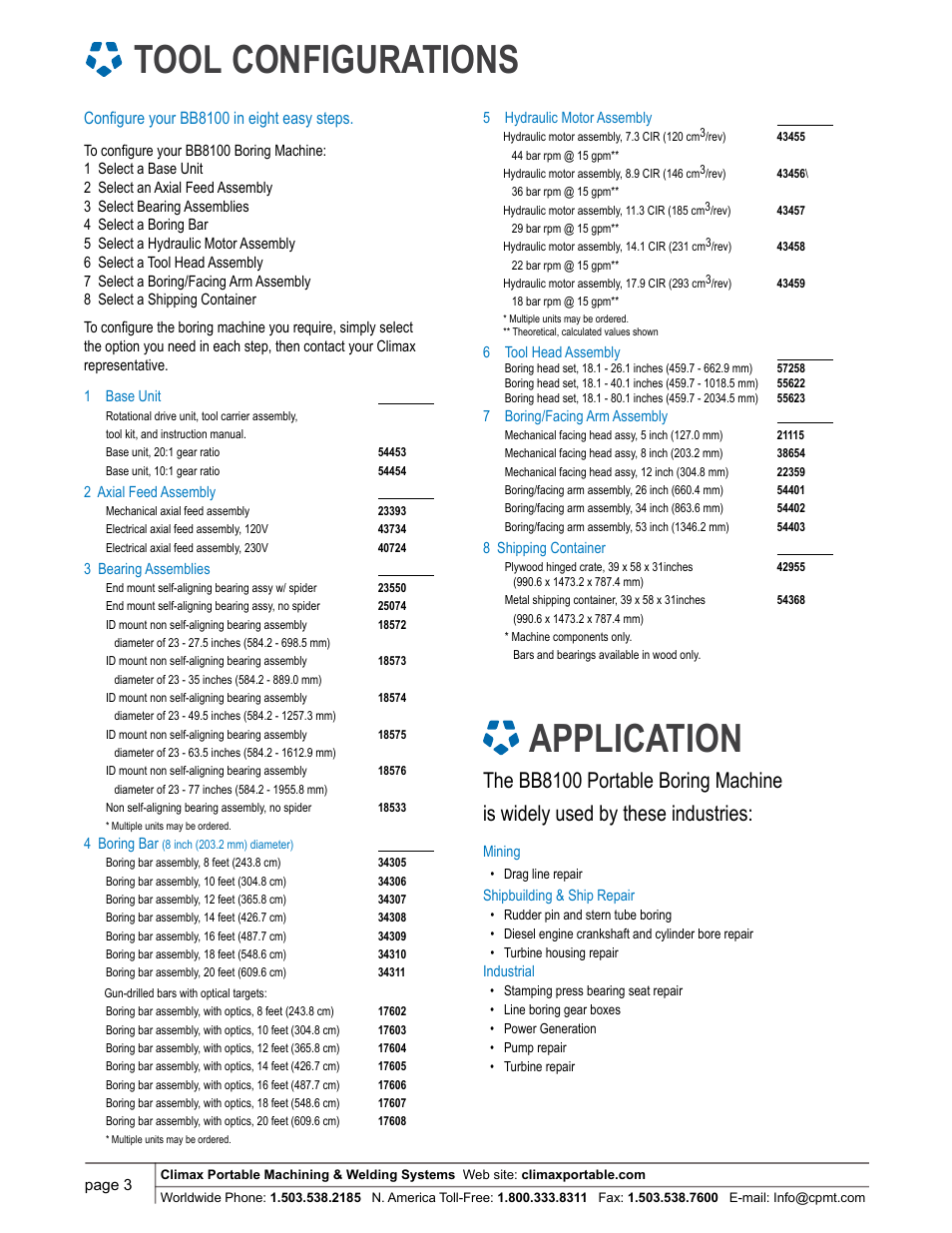 Tool configurations, Application, Configure your bb8100 in eight easy steps | Climax BB8100 LINE BORING MACHINE User Manual | Page 3 / 8