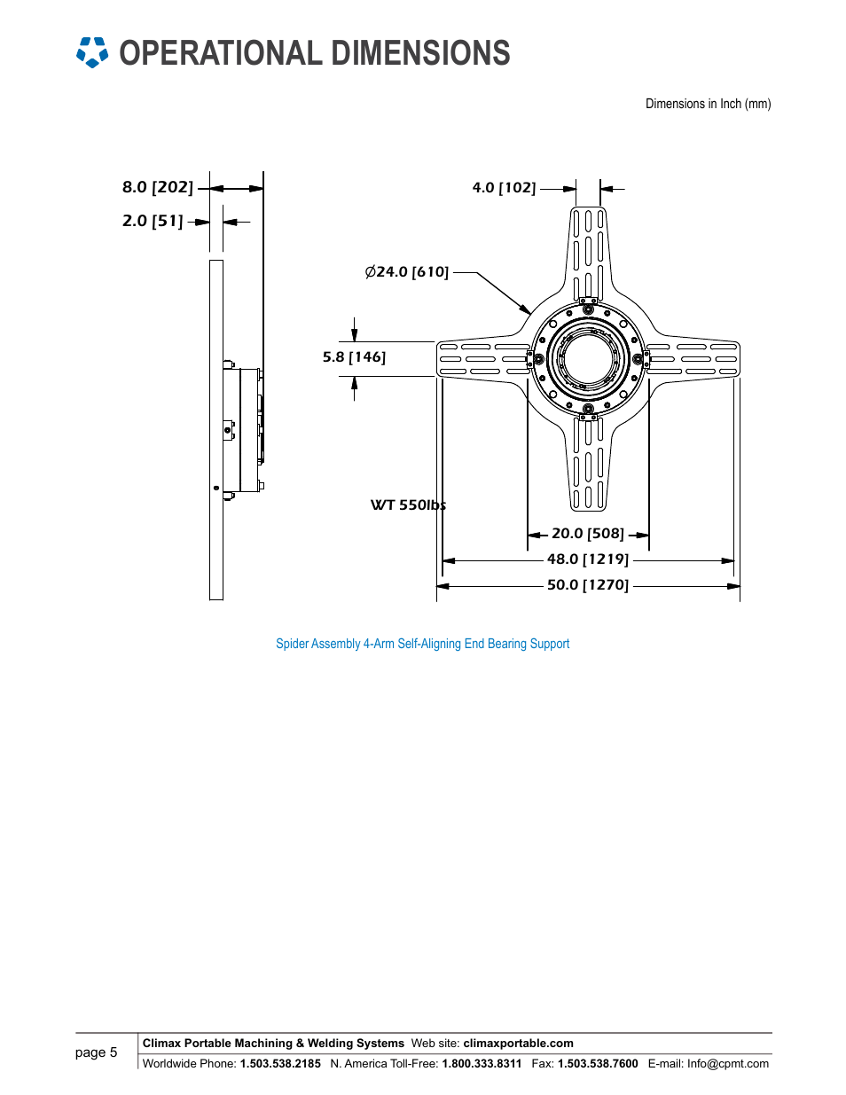 Operational dimensions, Support brg self alignin 8 in bar w/spider | Climax BB8100 LINE BORING MACHINE User Manual | Page 5 / 8