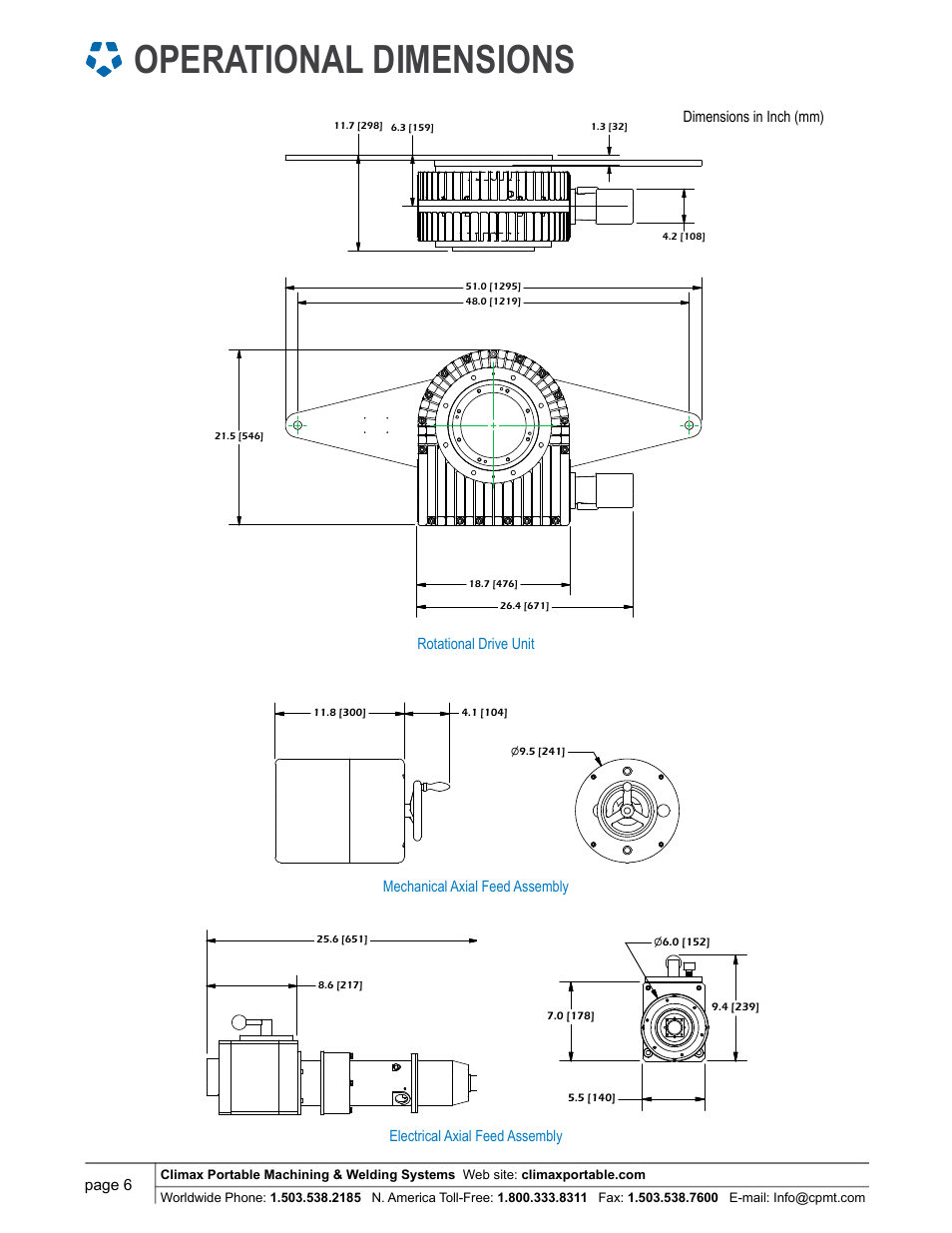 Operational dimensions, Electric feed w/mechanical rapid feed and pendant | Climax BB8100 LINE BORING MACHINE User Manual | Page 6 / 8