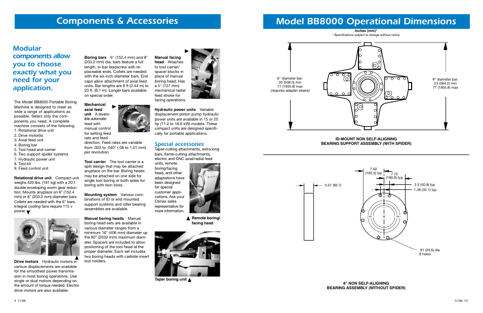 Components & accessories, Model bb8000 operational dimensions, Special accessories | Climax BB8000 PORTABLE LINE BORING MACHINE User Manual | Page 13 / 16