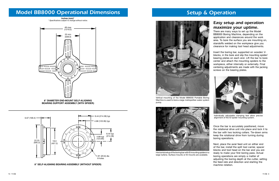 Setup & operation, Model bb8000 operational dimensions, Easy setup and operation maximize your uptime | Climax BB8000 PORTABLE LINE BORING MACHINE User Manual | Page 14 / 16