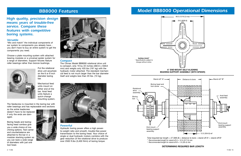 Bb8000 features, Model bb8000 operational dimensions, Versatile | Compact, Powerful | Climax BB8000 PORTABLE LINE BORING MACHINE User Manual | Page 2 / 16
