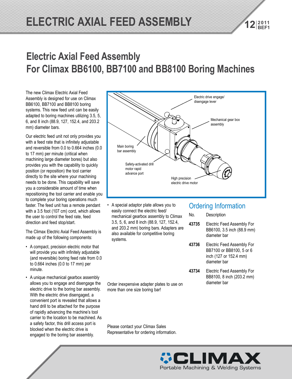 Climax Electric axial feed assembly For BB6100, BB7100 and BB8100 User Manual | 2 pages