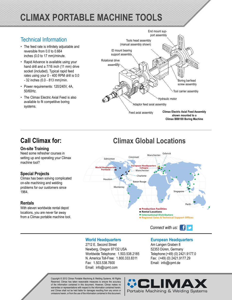 Climax portable machine tools, Climax global locations, Call climax for | Technical information, On-site training, Special projects, Rentals, World headquarters, European headquarters, Connect with us | Climax Electric axial feed assembly For BB6100, BB7100 and BB8100 User Manual | Page 2 / 2