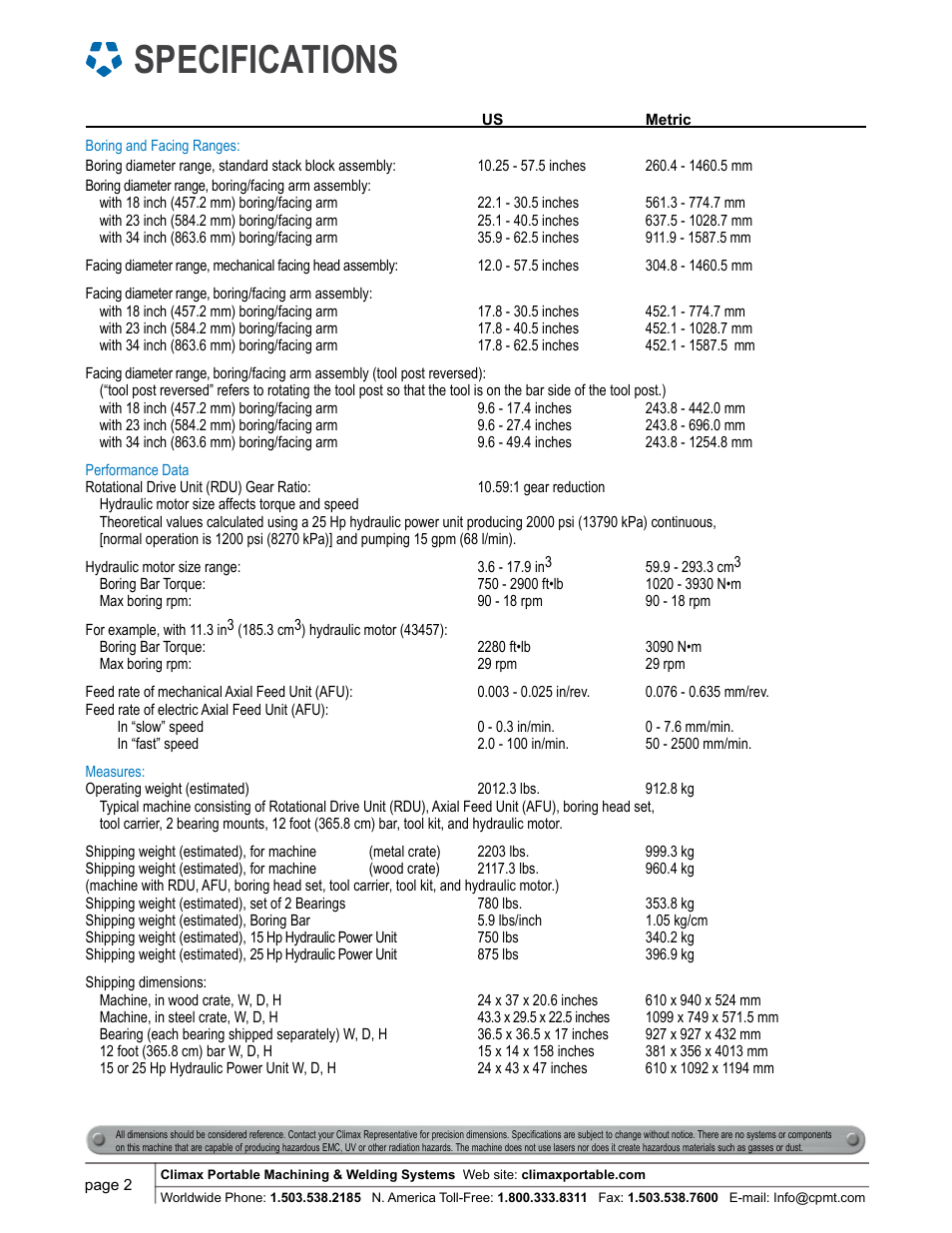 Specifications | Climax BB7100 LINE BORING MACHINE User Manual | Page 2 / 8