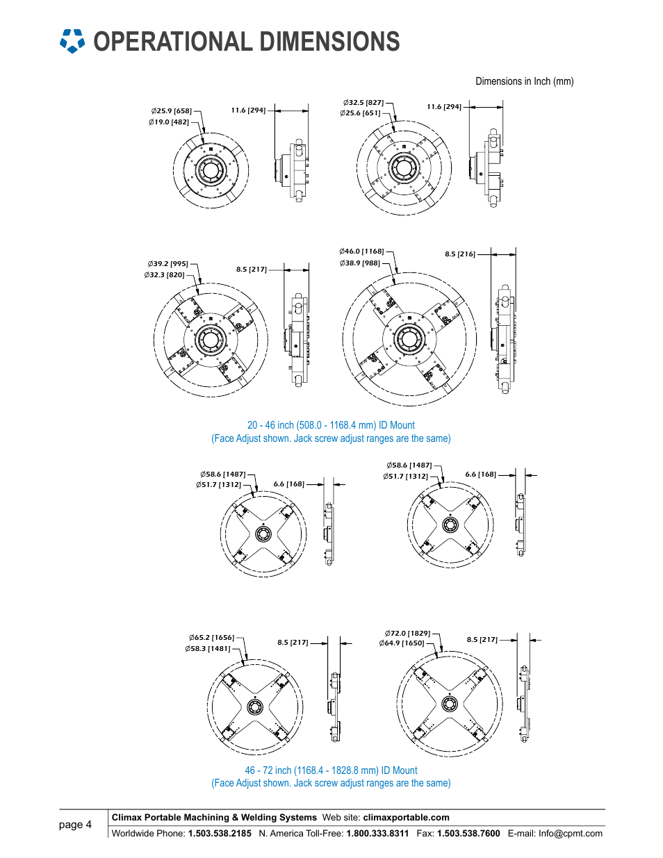 Operational dimensions, Page 4 | Climax BB7100 LINE BORING MACHINE User Manual | Page 4 / 8